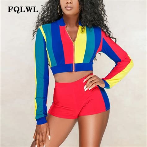 Fqlwl Casual Rainbow Striped Tracksuit Women 2 Piece Set Zipper Long Sleeve Crop Top Women Two