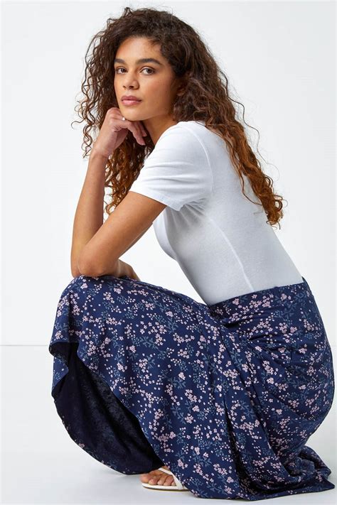 Roman Navy Floral Print Elastic Waist Midi Stretch Skirt Matalan