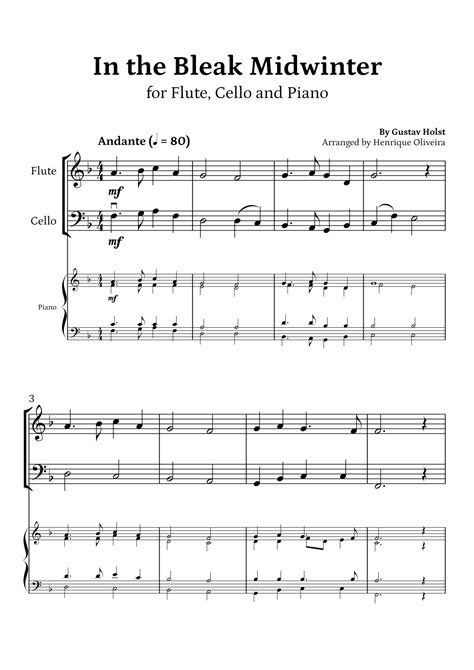 In The Bleak Midwinter Flute Cello And Piano Beginner Level Arr