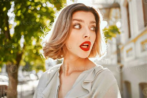 Cheerful Blonde Red Lips Fresh Air In The Park Close Up Stock Photo At Vecteezy