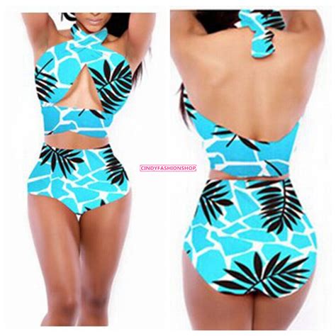 Cindy Sexy Floral Printed Halte Neck Bandage Bikini Set High Waist Swimsuit Ebay