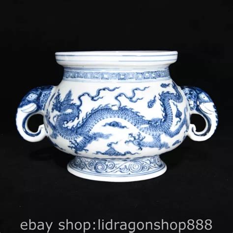 Ming Xuande Chinese Blue White Porcelain Dragon Elephant Ear