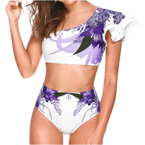 Floenr Two Piece Women S Sexy Bead Stripes Bikini Set One Shoulder Floral Print Halter Ruffled