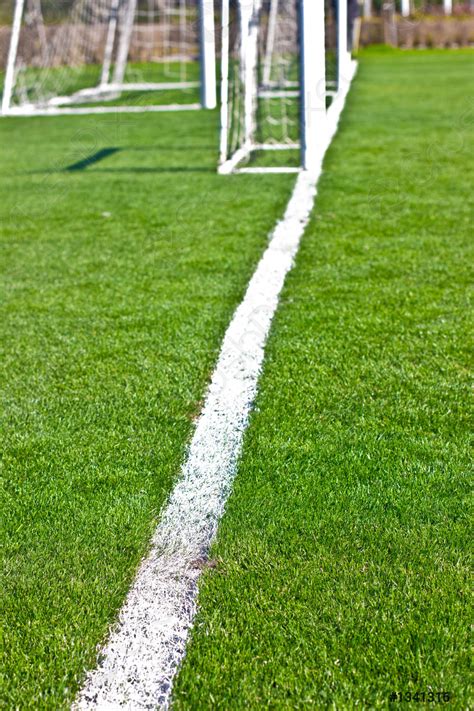 Football field with a white stripe and gates - stock photo | Crushpixel