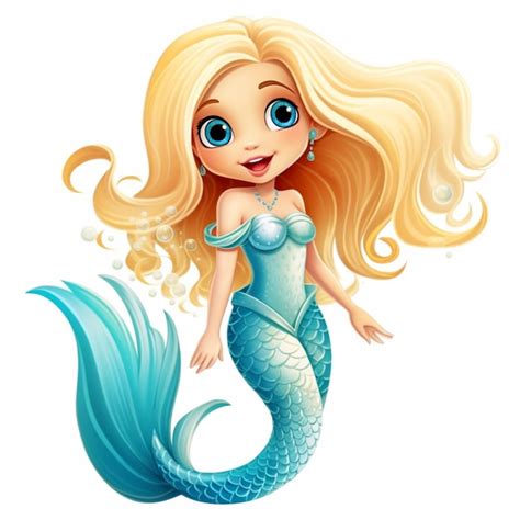 Premium AI Image Cartoon Mermaid With Long Blonde Hair And Blue Dress