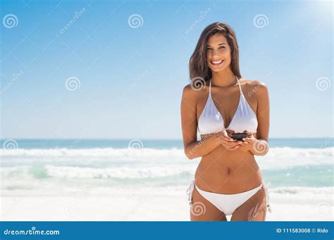 Woman In Bikini Using Phone Stock Photo Image Of Looking Enjoyment
