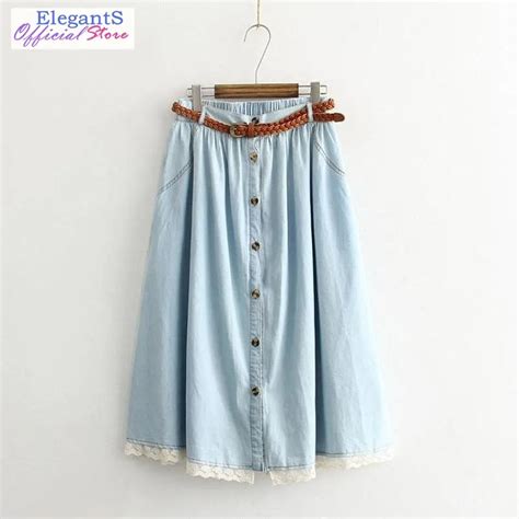 Women Denim Skirt Lace Patchwork Pattern A Line Mid Calf High Waist