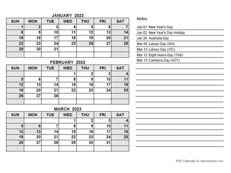 2023 Australia Quarterly Calendar With Holidays Free Printable Templates