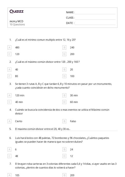 M Ximo N Divisor Hojas De Trabajo En Quizizz Gratis E Imprimible