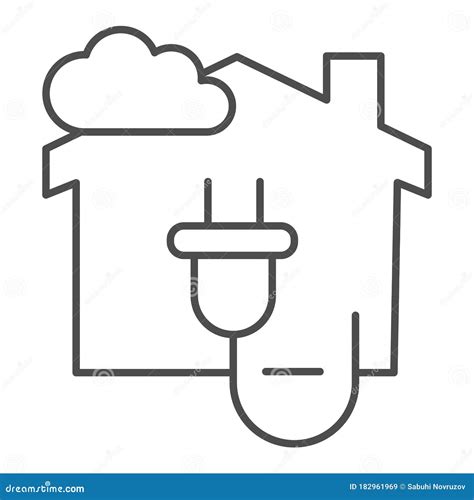 House With Electric Plug And Cloud Thin Line Icon Smart Home Symbol