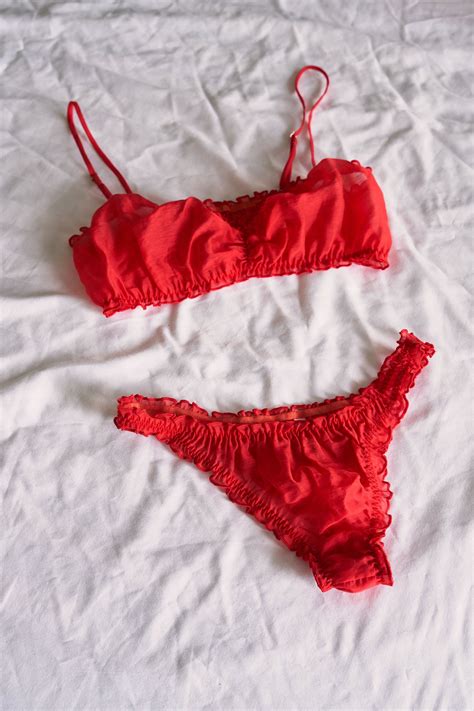 Tender Lingerie Set Red Rouge Ruffled Thongs Sheer Etsy