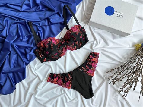 Lace Lingerie Set With Floral Print And Large Cups Bra Etsy