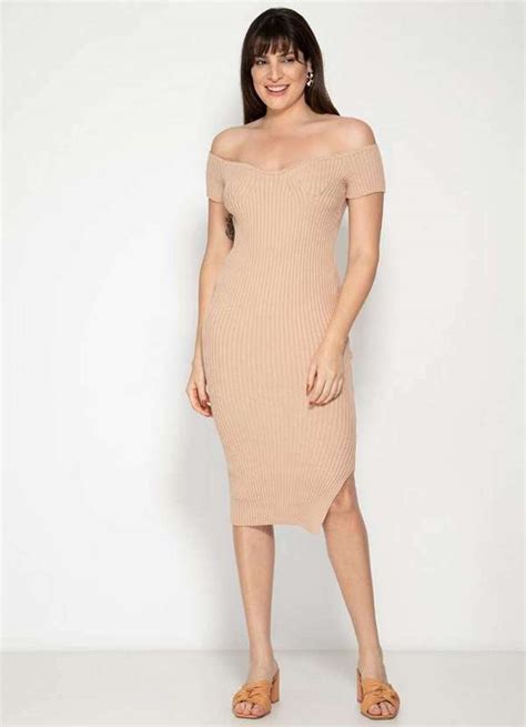 Vestido Ombro a Ombro Midi Tricô Fenda Pink Tricot Luxo Feminino Nude Pink Tricot