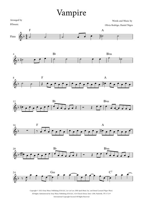 Vampire Arr BTmusic By Olivia Rodrigo Sheet Music For Flute And