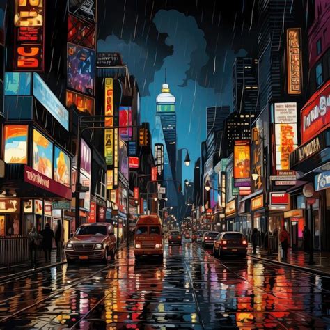 Premium AI Image | Vibrant rainy city street scene with neon lights and ...