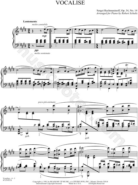 Sergei Rachmaninoff Vocalise Op 34 No 14 Sheet Music Piano Solo