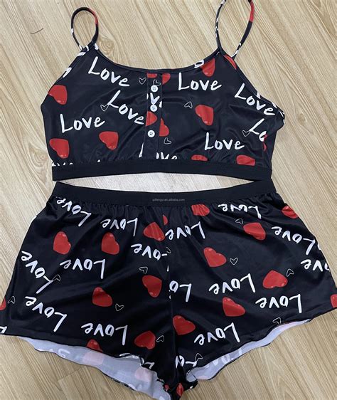 Valentines Day Printed Ruffle Sexy Lingerie Piece Pyjama Set Woman
