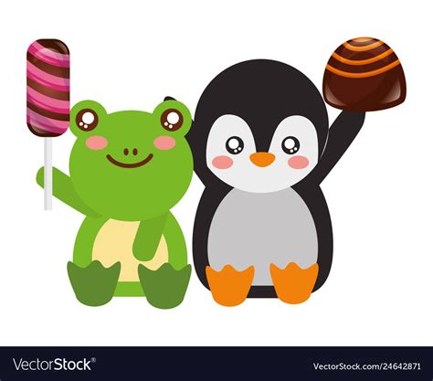 Cute Frog And Penguin Sweet Candies Royalty Free Vector