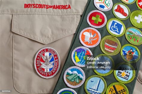 Eagle Patch And Merit Badge Sash On Boy Scout Uniform Stock Photo