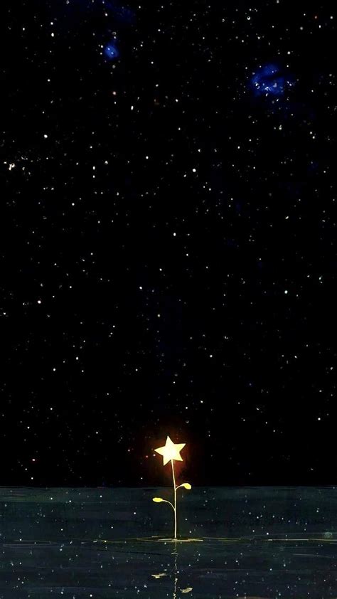 A Lone Star In The Middle Of Water With Stars Above It And On The Sky