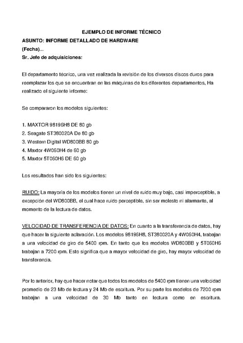 Ejemplo DE Informe Técnico - EJEMPLO DE INFORME TÉCNICO ASUNTO: INFORME