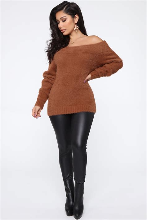 Taylor Fuzzy Off Shoulder Sweater Cognac Fashion Nova Sweaters