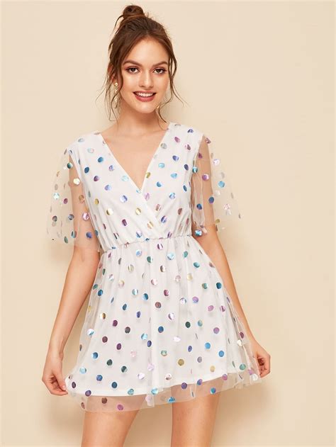 Polka Dot Print Surplice Neck Mesh Overlay Dress Gaun Gaun Polkadot