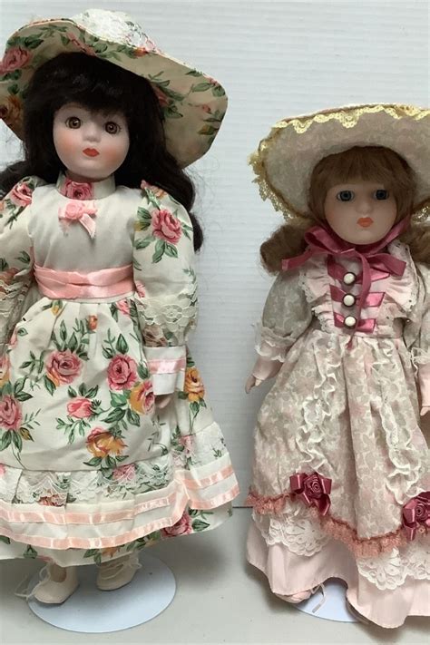 Lot Of 2 Cute 12 Porcelain Dolls Blonde Hair Blue Eyes Sailor And Country Patchwork Dresses