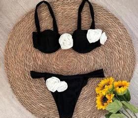 Womens Floral Accent Bikini Set Two Piece Swimwear Black On Luulla