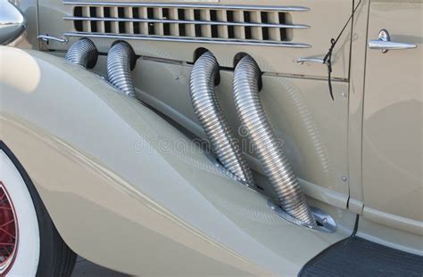 side exhaust pipes   classic car stock photo image  stainless