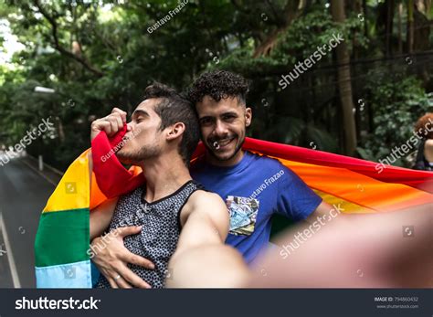 Gay Couple Taking Selfie Rainbow Flag Stock Photo 794860432 Shutterstock