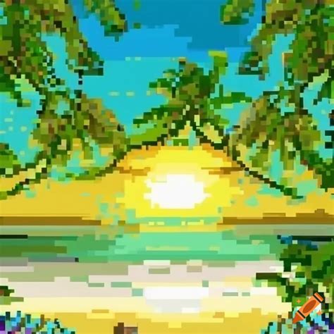 Pixel Art Tropical Paradise With Beaches Jungles And Tropical Animals