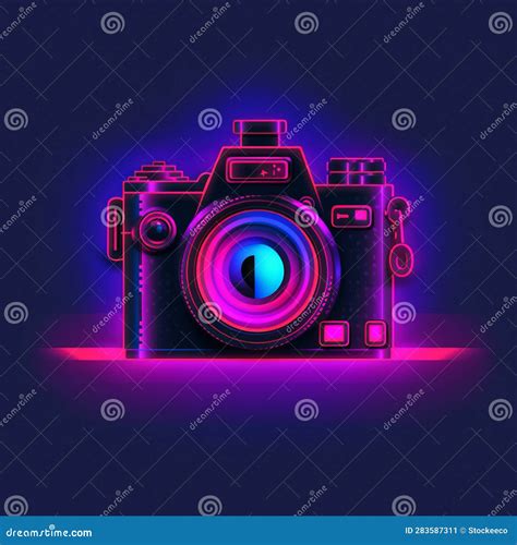 Neon Icon Camera Retrofire Pixel Art Logo With Synthwave Vibe Stock