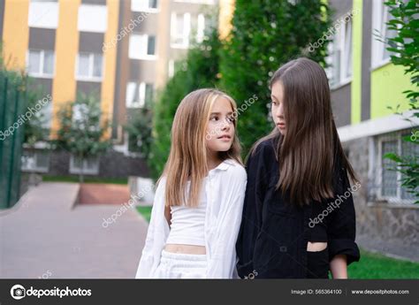 Fraternal Twins Sisters Blonde Brunette Teen Girls Fashionable Black White Stock Photo By
