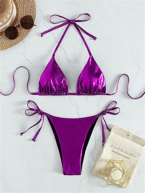 Roxo Sensual Collar Simples Embellished Elasticidade Baixa Swimsuit