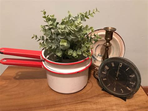 Red Trimmed Enamelware Double Boiler Pans Etsy