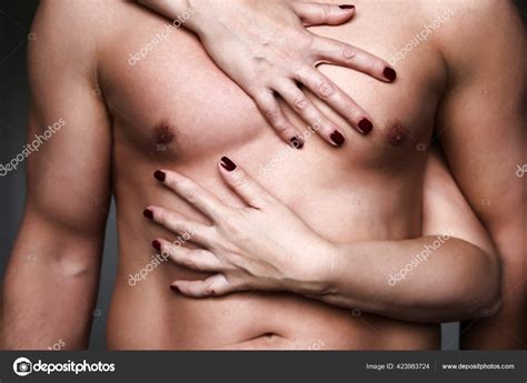 Embracing Couple Female Manicured Hands Hugging Muscular Male Torso Naked Stock Photo