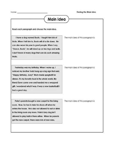 Finding Main Idea Worksheets Grade 1