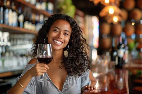 Premium Photo Smiling Young Woman Enjoying Wine At The Bar