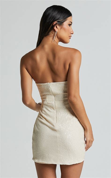 Akhira Mini Dress Corset Detail Strapless Sequin Dress In Off White