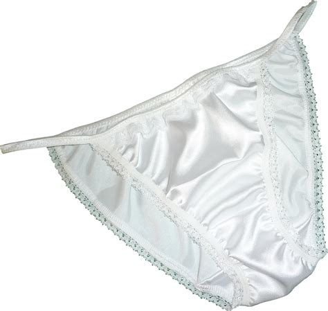 Shiny Satin And Lace Mini Tanga String Bikini Panties White With Lace Trim Sizes XS To XXL