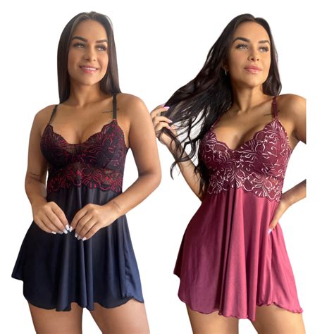 Kit 2 Camisolas Feminina Sensual Sem Bojo Luxo Rendada Lingerie Linha Noite Revenda Pijama