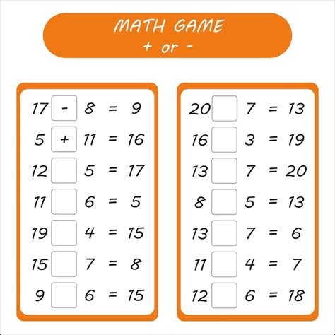 Premium Vector Math Game Plus Or Minus Set Worksheets For Kids