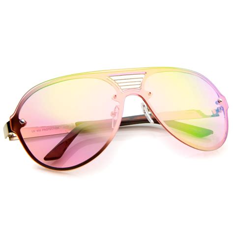 Rimless Shield Mirrored Lens Aviator Sunglasses Zerouv