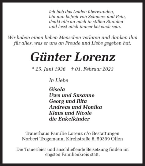 Traueranzeigen von Günter Lorenz sich erinnern de