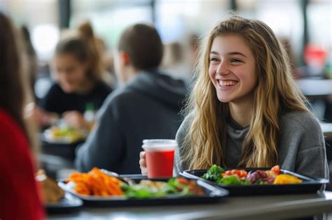 A joyful lunch break at a bustling school cafe during the afternoon ...