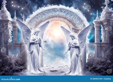 Two Angels Archangels With Beautiful Wings Like Guardian Of Heaven Gate