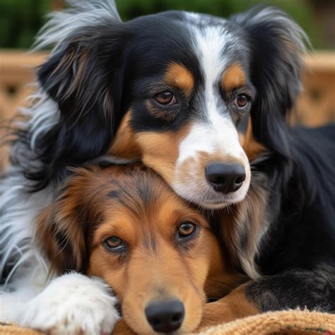 Premium AI Image | Two dogs cuddling together on a basket.