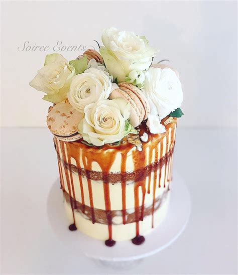 Semi Naked Drip Cake With Fresh Roses And Macarons Soiree