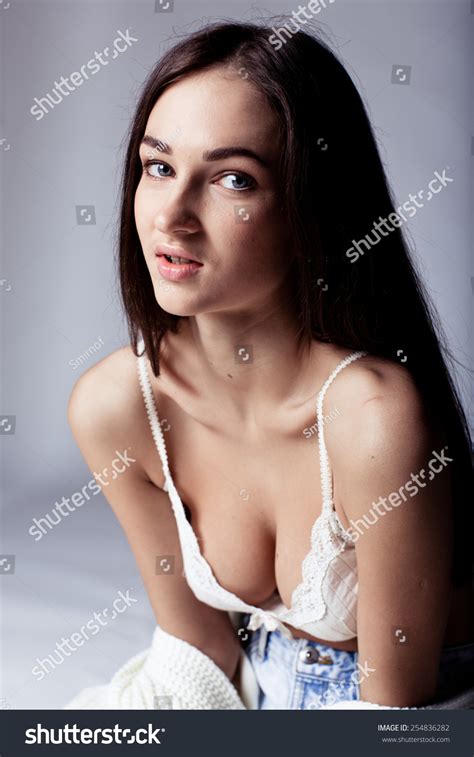 Studio Portrait Sexy Brunette White Lingerie Stock Photo 254836282 Shutterstock